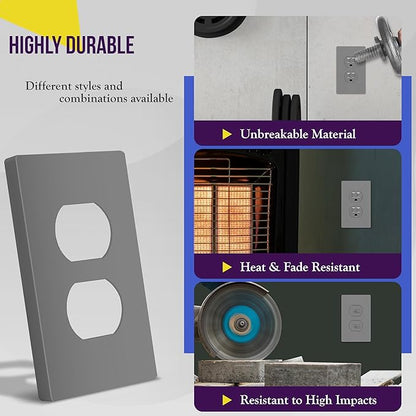 ENERLITES Screwless Duplex Wall Plate, Child Safe Receptacle Outlet Cover, Standard Size, 1-Gang 4.68" x 2.93", Unbreakable Polycarbonate Thermoplastic, UL Listed, SI8821-GY, Glossy, Gray