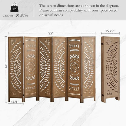 ALeesing 6 Panel Wood Room Divider Fully Assembled, Decorative Room Dividers and Folding Screens, 5.6Ft Room Divider Screen Freestanding Partition Wall Dividers for Home Bedroom Office, Brown