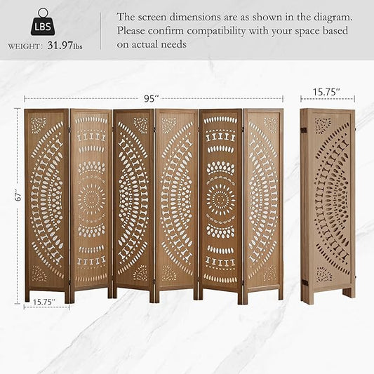 ALeesing 6 Panel Wood Room Divider Fully Assembled, Decorative Room Dividers and Folding Screens, 5.6Ft Room Divider Screen Freestanding Partition Wall Dividers for Home Bedroom Office, Brown