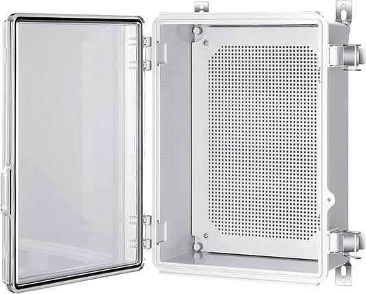 Gratury Junction Box, IP67 Waterproof Plastic Enclosure for Electrical Project, Hinged Grey Cover, Includes Mounting Plate and Wall Bracket (Transparent Cover, 14.6"×10.6"×5.9")