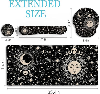 LIMKRIAN Sun Moon Mouse Pad Set Desk Mat Pad, XXL Large Gaming Mouse Pad with Wrist Rest, Ergonomic Mouse Pad, Keyboard Wrist Rest, Coaster, Home Office Desk Accessories Decor Supplies, Boho Abstract