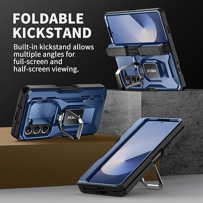 TONGATE for Z Fold 6 Case with Ring Stand, Built-in S Pen Holder & Glass Screen Protector Shockproof Rugged Z6 Phone Case with Slide Camera Cover & Belt Clip for Samsung Galaxy Z Fold 6 2024, Blue
