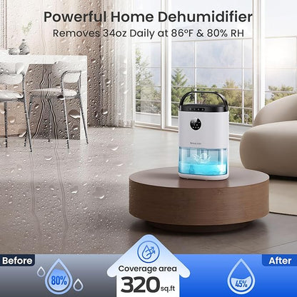 Dehumidifier for Bathroom, Dehumidifiers for Home, Bedroom, Living room with 68 OZ Water Tank, Auto Humidity Control, Digital Display, 7 Color Breathing Light, White