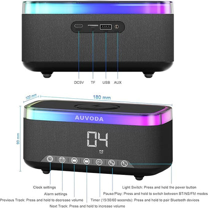 AUVODA S300 Portable Bluetooth Speaker with 15W Fast Wireless Charging, 13-Color Dimmable Night Light, White Noise, Alarm, FM Radio, 16W Stereo, BT5.3, TWS, for Home, Office, Bedroom (Black)