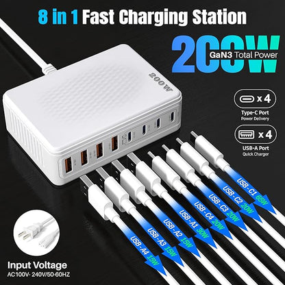 200W GaN III 8-Ports USB C Fast Charger, Type C Block, QC4.0 Fast Phone Charging Station Hub PD 65W Charger Power Adapter for iPad/Air/Pro iPhone 16/15 MacBook Pro/Air, Galaxy Phones, Tablet