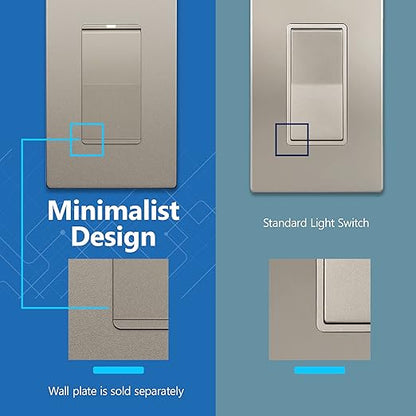 LIDER Minimalist Design Matte Finish Lighted Decorator Switch, Frameless Paddle Light Switch with Locator Light, Grounding Screw, 3-Way or Single Pole, 15A 120V, UL listed, LS15-3W-NK5P, Nickel 5 Pack