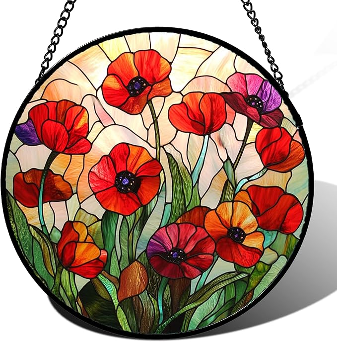 CRISGIF Stained Glass Window Hanging - Poppy Birth Flowers Suncatcher for Door Garden Yard Wildflowers Sun Catchers Decor Christmas Mother's Day Birthday Gifts for Women Mom Nana Friend 9.8 in