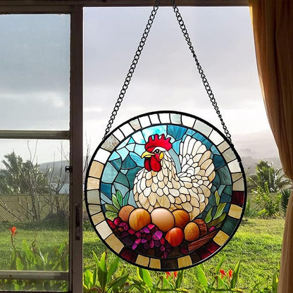 DASTOLL Stained Glass Window Hanging White Chicken Hatching Eggs 7.8" - Suncatcher Door Garden Sunroom Sun Catcher Home Decor Birthday Christmas for Mom Men Woman Nana