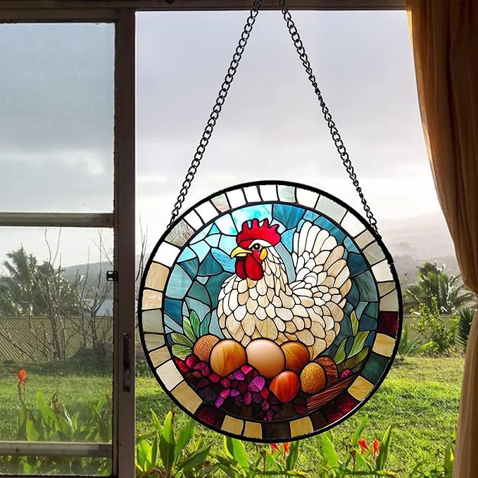 DASTOLL Stained Glass Window Hanging White Chicken Hatching Eggs 6.3" - Suncatcher Door Garden Sunroom Sun Catcher Home Decor Birthday Christmas for Mom Men Woman Nana