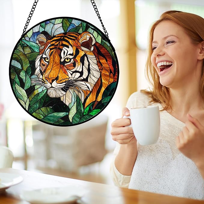 AMDERVEN Stained Glass Window Hanging, Fierce Tiger Sun Catcher for Door Home Decor Wild Animals Suncatcher Christmas Mother's Day Birthday Gifts for Women Men Mom and Nana 15 in