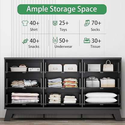 Xixini Fluted Dresser for Bedroom with 9 Drawers, 57" Wide Chest of Drawers with Metal Handle, Modern Wood Dresser TV Stand, Wooden Closet Clothes Storage Organizer for Living Room, Hallway, Black