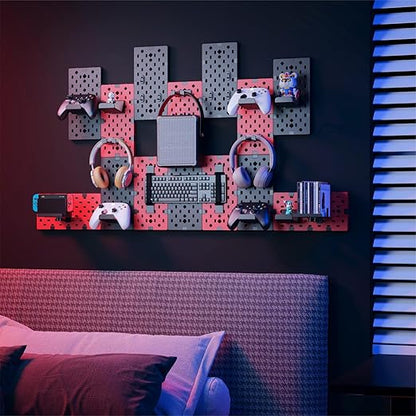 PEGZONE Controller and Headphone Holder Wall Mount, Modular Gaming Pegboard with Accessories, Controller Stand for Xbox PS5 PS4 Switch, Video Game Storage, Disc Shelf, 14pcs Pegboard, Black & Red