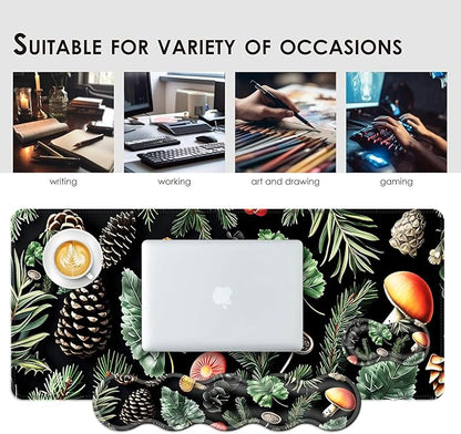 BFUKVOU Large Keyboard Mouse Pad Set, Extended Mouse Pad+Keyboard Wrist Rest Support, Memory Foam Ergonomic Easy Typing, 4Pcs (31.5×11.8 in) Desk Pad Set for Office Home,Mushrooms and Leaves