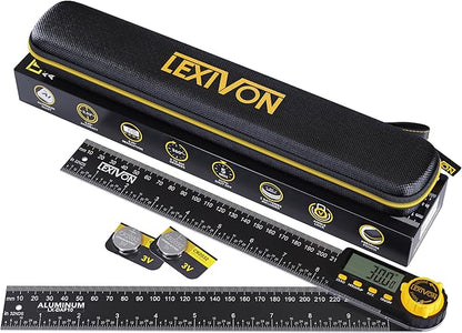 LEXIVON Aluminum Digital Angle Finder Gauge, 10-inch/250mm Multi-Purpose Protractor, Includes XL Display and Rugged Zippered Pouch (LX-DAF10)