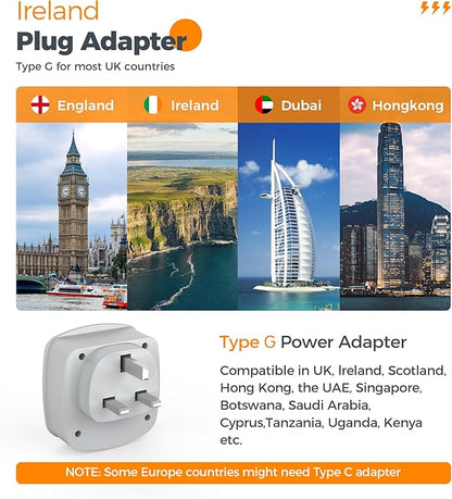 US to UK Plug Adapter, TESSAN Type G Travel Adaptor with 2 Electrical Outlets 2 USB Ports (1 USB C), Ireland Power Adapter for USA to England London Scotland British Dubai Kenya Hong Kong Qatar