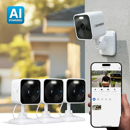 Defender GO 2K AI Powered WiFi Indoor/Outdoor Home, Business, Pet, Baby Security Camera, AI Detection, Dual Band, Spotlight/Siren, Color Night Vision, 2-Way Talk, Works with ClearVu App, 3 Pack