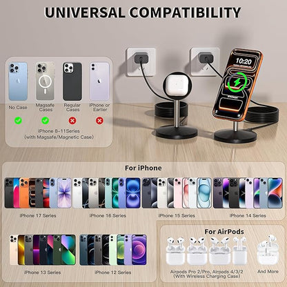 Magnetic Wireless Charging Station,25W Fast Charger 6FT Mag safe Wireless Station Pad,[Qi2.2 Certified] 360° Charger Stand for iPhone 17/17 Pro/Air/17 Pro Max/16 Pro Max/15/14/13/12, AirPods Pro 2/3/4