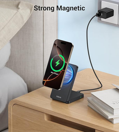 Folding Wireless Charging Stand, Magnetic 15W Fast Charging Station Mag-Safe Travel Lightweight Charger Compatible for iPhone 17/16/16 Pro/16 Pro Max/16 Plus/15/14/13/12 Series, AirPods 4/3