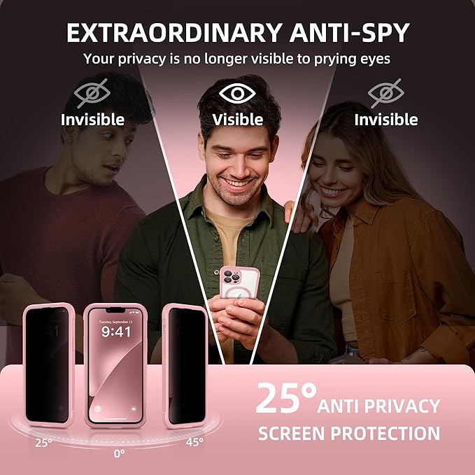 BERFY Magnetic for iPhone 13 Pro Max Case, Compatible with MagSafe, Built-in Privacy Screen Protector and Upgraded Camera Protection, Anti-Spy Full Body Shockproof Phone Case for 13 Pro Max 6.7", Pink