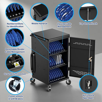 Fully Assembled 30 Unit Device Charging Station for Chromebook, iPad, 14'' Laptop - Charging Cart with Charger Cable Management, Circuit Breaker, Grounding Protection