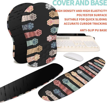 KUOSGM 2-in-1 Ergonomic Set, Wave Rise Keyboard Wrist Rest and Massage Bulge Slope Mouse Pad Wrist Support, Cushion Memory Foam Integrated to Relieve Wrist Pain, Multicolour Cat Claws