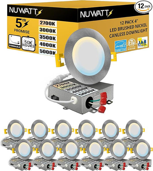 NUWATT 12 Pack, 4 Inch Ultra-Thin Recessed LED Lights Brushed Nickel, 5CCT 2700K/3000K/3500K/4000K/5000K Selectable, 630LM, 9W, IC Rated, Dimmable Canless Downlight With Junction Box, Energy Star, ETL