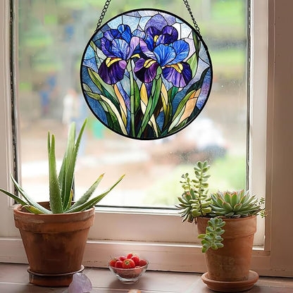 CRISGIF Stained Glass Window Hanging - Blue Purple Iris Flower Suncatcher for Door Garden Patio Sun Catchers Decor Christmas Mother's Day Birthday Gifts for Women Men Mom Nana Aunt Friend 9.8 in