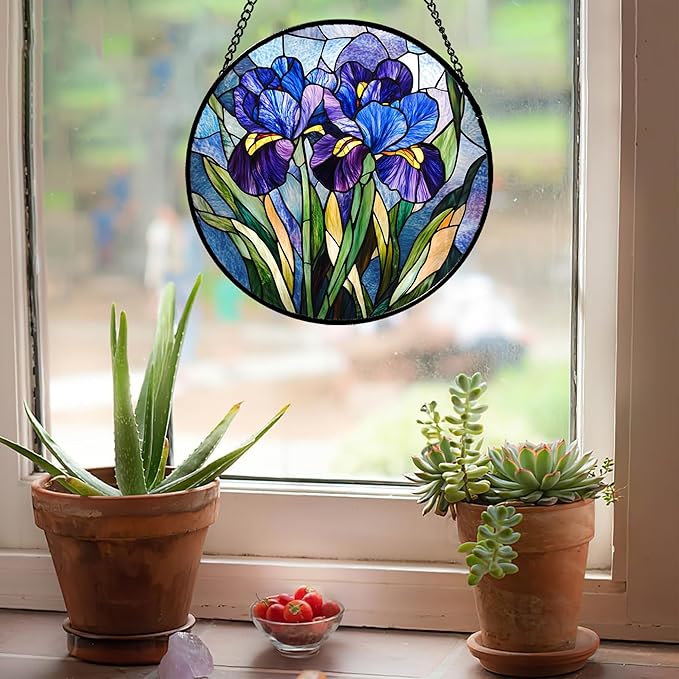 CRISGIF Stained Glass Window Hanging - Blue Purple Iris Flower Suncatcher for Door Garden Patio Sun Catchers Decor Christmas Mother's Day Birthday Gifts for Women Men Mom Nana Aunt Friend 11.8 in
