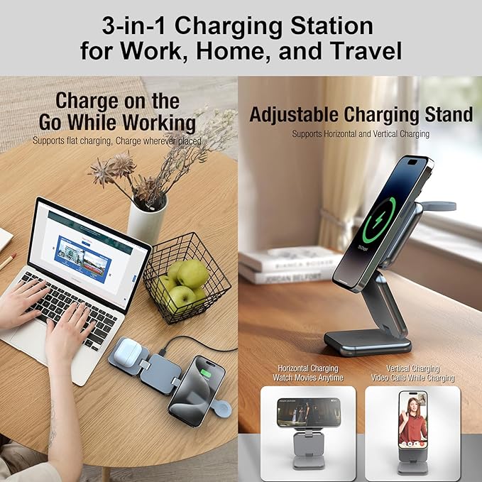 3 in 1 Charging Station for Apple Devices, Magnetic Foldable Wireless Charger, 15W Fast Charging for iPhone 12/13/14/15/16, Watches, and Earbuds, Compact Travel Design, Metal Frame