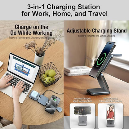 3 in 1 Charging Station for Apple Devices, Magnetic Foldable Wireless Charger, 15W Fast Charging for iPhone 12/13/14/15/16, Watches, and Earbuds, Compact Travel Design, Metal Frame