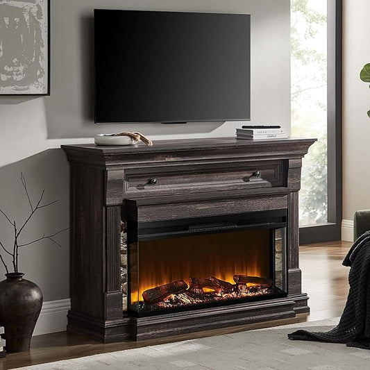 OKD 52 Inch Electric Fireplace with Mantel, Fireplace TV Stand with 36" 3-Sided Glass Electric Fireplace Heater for Living Room, Dark Rustic Oak