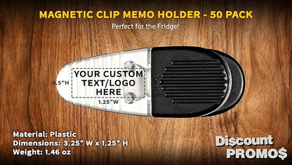 50 Magnetic Memo Holders Set - Customizable Text, Logo - Large Clip, Plastic - Clear