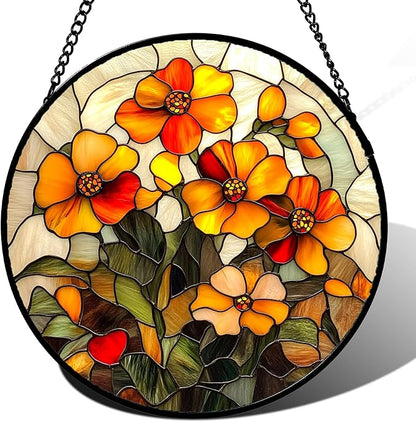 CRISGIF Stained Glass Window Hanging - Orange Marigolds Flowers Suncatcher for Door Garden Yard Sun Catchers Decor Christmas Mother's Day Birthday Gifts for Women Mom Nana Girlfriend Men 9.8 in