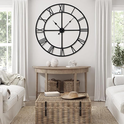 Ohweog Oversized 48 inch Wall Clock for Living Room Decor – Extra Large Silent Non-Ticking Modern Farmhouse Wall Clock, Decorative Metal Roman Numeral Clock, Black