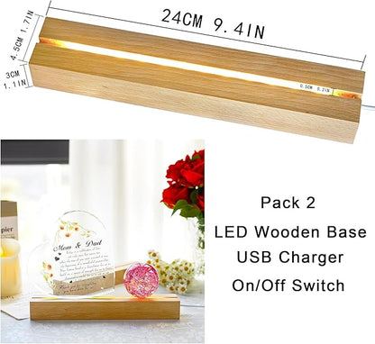 ZEERSHEE 2 Pcs 9.4 Inch Wooden Rectangle LED Light Display Pedestal for Acrylic and Plexiglass Crystal Glass Resin Night LED Light Lamp Base with USB Switch(Warm Light)