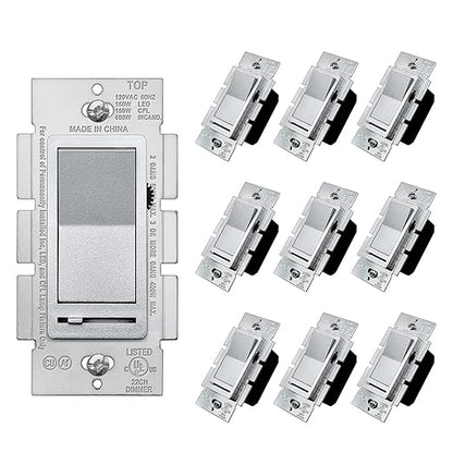 BESTTEN 10 Pack Matte Silver Dimmer Light Switch, Single Pole or 3-Way, Compatible with Dimmable LED, CFL, Incandescent and Halogen Bulb, LED Slide Dimmer Wall Switch, 120VAC, UL Listed