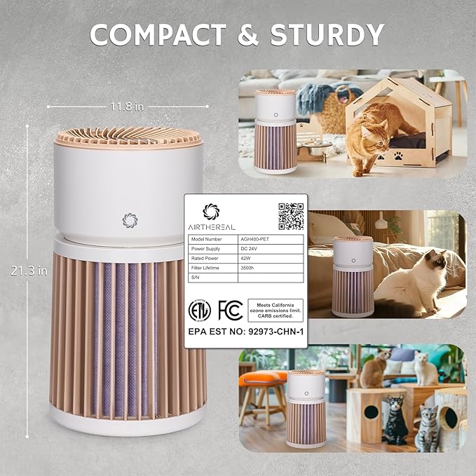 Airthereal Pet Air Purifier for Large Room up to 3500sq.ft - Odor Eliminate H13 Purple Filter - Air Cleaner for Pet Hair, Dander, Cat Urine Odor, Dust, Smoke - PM 2.5 Air Quality Sensor, AGH400-PET