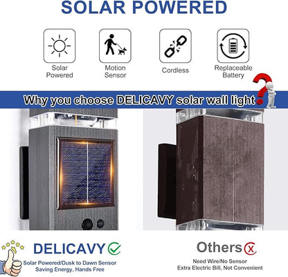 Delicavy 2 Pack Solar Outdoor Wall Lights with 3-Mode Motion Sensor Outside Sconces Up Down Solar Porch Light Fixtures 3000K 500LM Dusk to Dawn Modern Exterior Wall Lamp for House Garage Front Door