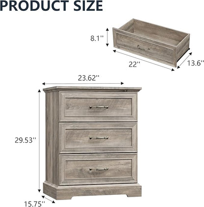 Nightstand with 3 Large Drawers,24" Wide End Table with Metal Handles,Rustic Farmhouse Wood Small Dresser,Bedside Table,Modern Chest of Drawers for Bedroom,Living Room,Grey