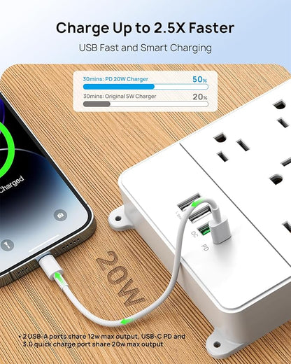 TROND Surge Protector Power Strip 10 ft, Flat Plug Long Extension Cord, 13 Wide Spaced Outlets, 4000 Joules, 32W Quick Charge 3.0 & USB C, Wall Mount, Under Desk, Heavy Duty, ETL Listed, White