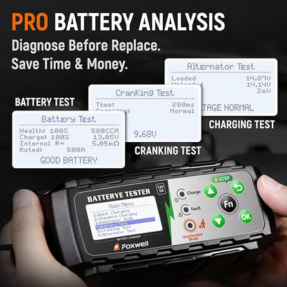 FOXWELL BC521 5A 12V Battery Charger & Tester, 4-in-1 Battery Maintainer, Trickle Charger & Starting/Charging System Tester, Smart 8-Stage Charging, Pulse Repair, Unattended Mode for Car/RV/Motorcycle