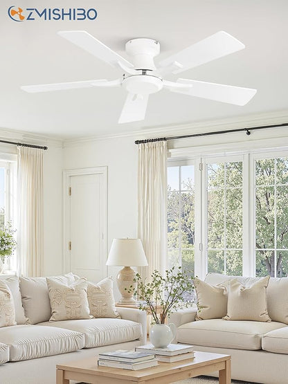 ZMISHIBO 42 Inch Ceiling Fan No Light, Flush Mount Low Profile, Modern White Ceiling Fan Without Light, Remote Control & Quiet DC Motor, for Indoor&Outdoor, Bedroom, Living Room