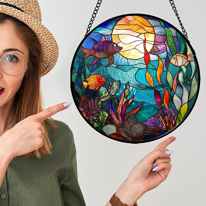AMDERVEN Stained Glass Window Hanging - Blue Ocean World Small Fish Coral Sun Catcher for Door Garden Home Decor Sea Suncatcher Christmas Mother's Day Birthday Gifts for Women Men Mom Nana 7.8 in