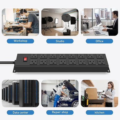 JUNNUJ Heavy Duty 20 Amp Power Strip, Garage 16 Outlets Metal 12 Gauge Surge Protector 3000J, High Amp 5-15P Adapter Shop 6-20R T-Slot Industrial Outlets (16AC, 4FT)