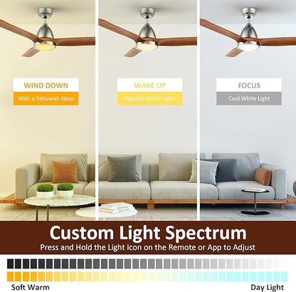 SMAAIR Walnut Solid 3- Blade Ceiling Fans with Lights, Dimmable LED Light, Reversible Motor Control on Remote & App Control 8 HrsTimer and 24 Hrs Schedule, Voice Device Connectable(52inch, Walnut)