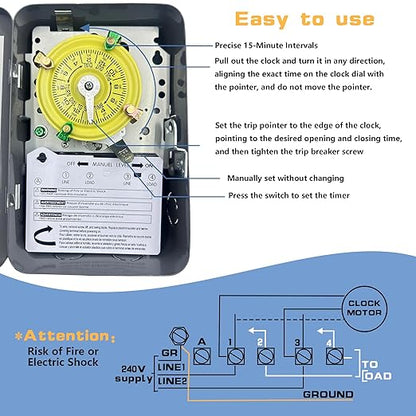 T104 Electromechanical Timer Switch,208-277 VAC 5HP 40A DPST Pool Timers,12 ON/Off Operations,Manual Override Included Trippers,Heavy Duty Pool Pump Timer