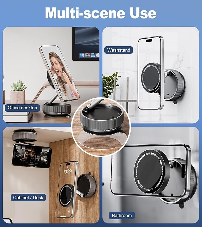 Vacuum Magnetic Phone Holder, Suction Cup Phone Mount for Car [80 LBS Strongest Suction & 2400gf Strongest Magnetic] 3s Fast Install, 360 Rotatable Phone Stand for iPhone Android Mirror & Gym