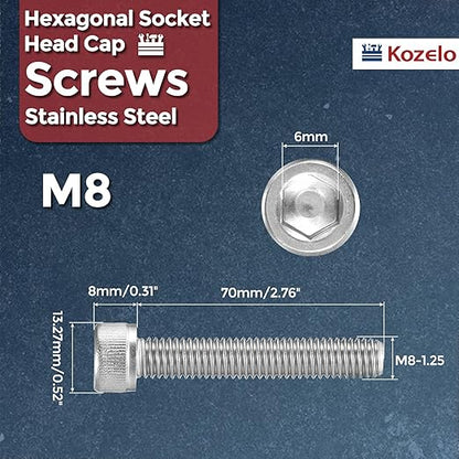 Kozelo 5pcs Socket Head Cap Screws - [M8-1.25 x 70mm] 304 Stainless Steel Allen Socket Drive for Electrical Motor 3D Printing Fan Engine Replacement Use, Silver
