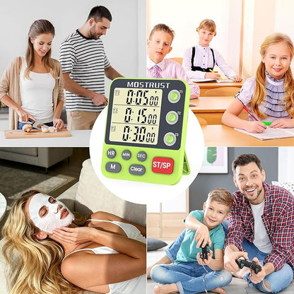 MOSTRUST Digital Dual Kitchen Timer, 3 Channels Countdown Triple Timer for Cooking, Magnetic Memory-Preset Large-Display Adjustable Alarm Volume, Multi Times Management, 3A Battery Included, Green