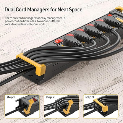 CRST 6 Outlets Heavy Duty Metal Power Strip with Individual Switches, 15A/1875W 1020Joules Surge Protector Power Strip with Cord Manager for Garage, Shop, Workspace, Home, Office, School. 6FT Cord